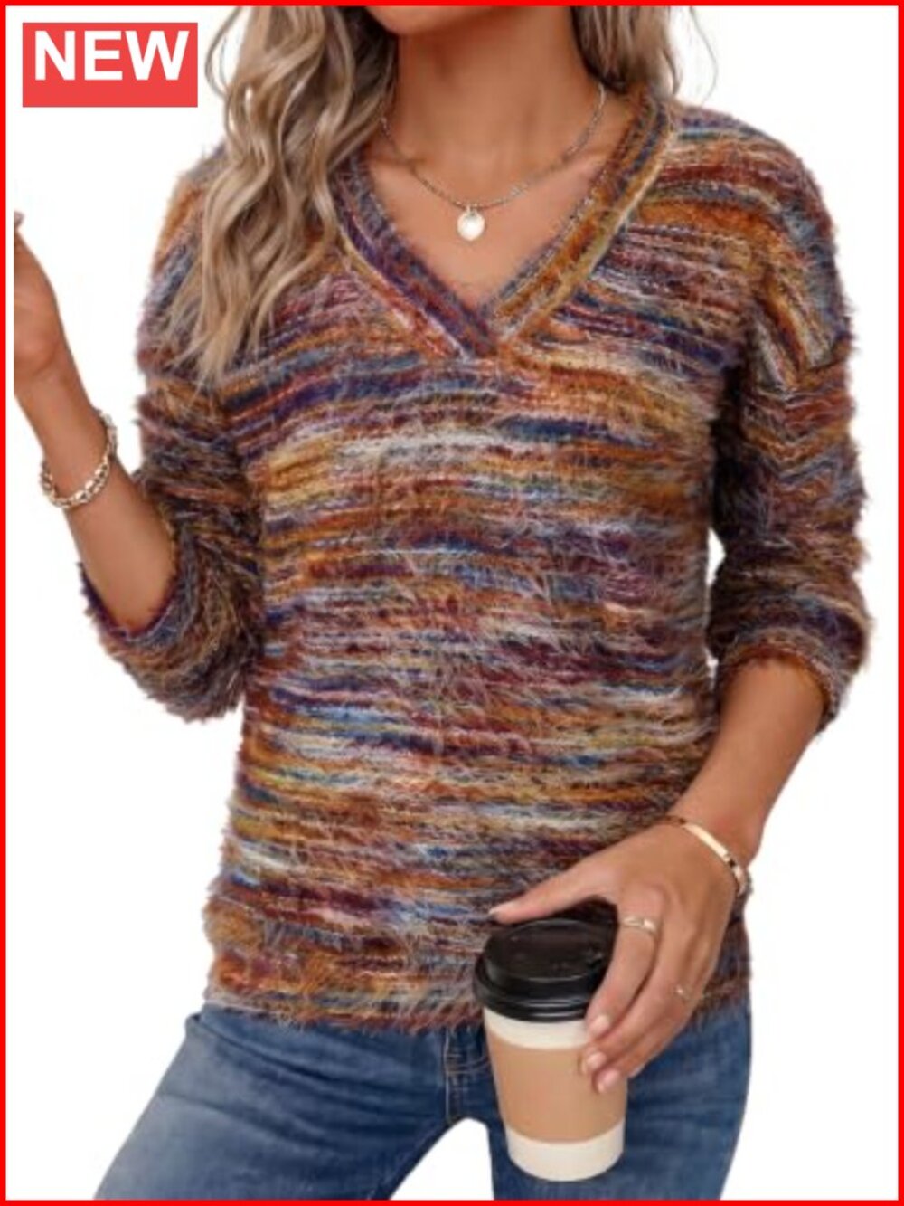 Women's V-Neck Fuzzy Pullover Sweater Eyelash Knit Lightweight